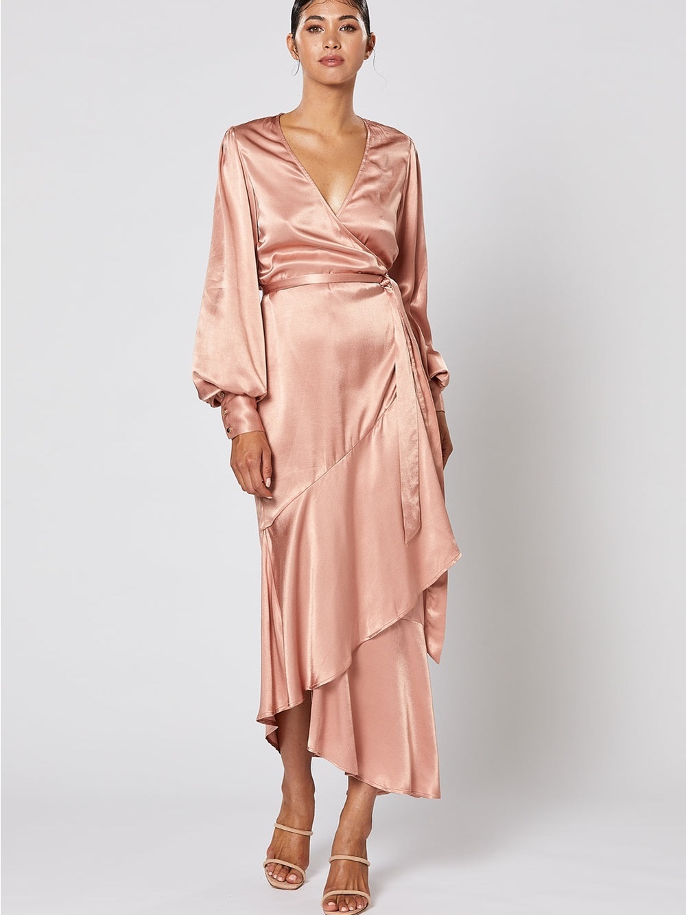 Winona Satin Wrap Midi Dress in Blush Pink SZ 6